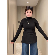 批发大码显瘦半高领德绒打底衫女秋冬加厚胖mm收腰显瘦设计感开叉上衣