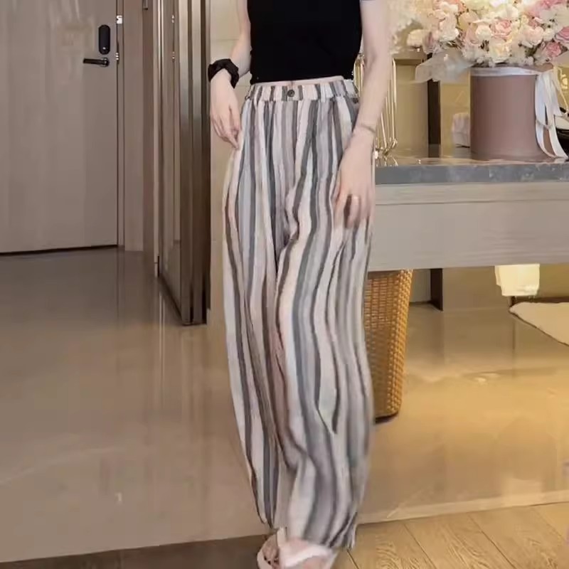 사면 신축 있음 주머니 여름 얇은 스타일 바지 2025 새로운 폭발 작은 키 루즈핏 스트라이프 넓은 다리 길이 바지