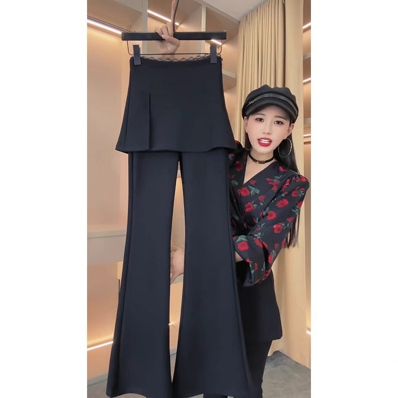슬림해 보이는 페이크 레이어드 랩스커트팬츠 높음 폭탄 부츠컷 바지 여성 봄 새로운 하이웨이스트 슬림해 보이는 다용도 캐주얼 정장 나팔 바지