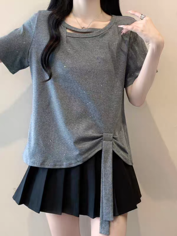 슬림해 보이는 캐주얼 바람 반팔 티셔츠 여성 의류 여름 지방 mm 핫픽스 불규칙 밑단 레이스업 슬림해 보이는 표지 고기 맨위