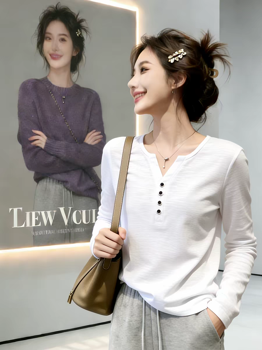 화이트 대나무 마디 면 긍정적 인 어깨 긴팔 티셔츠 여성 봄 눈꽃 면 얇은 스타일 루즈핏 슬림해 보이는 여성 만나는 인사이드 잡아라. 의류
