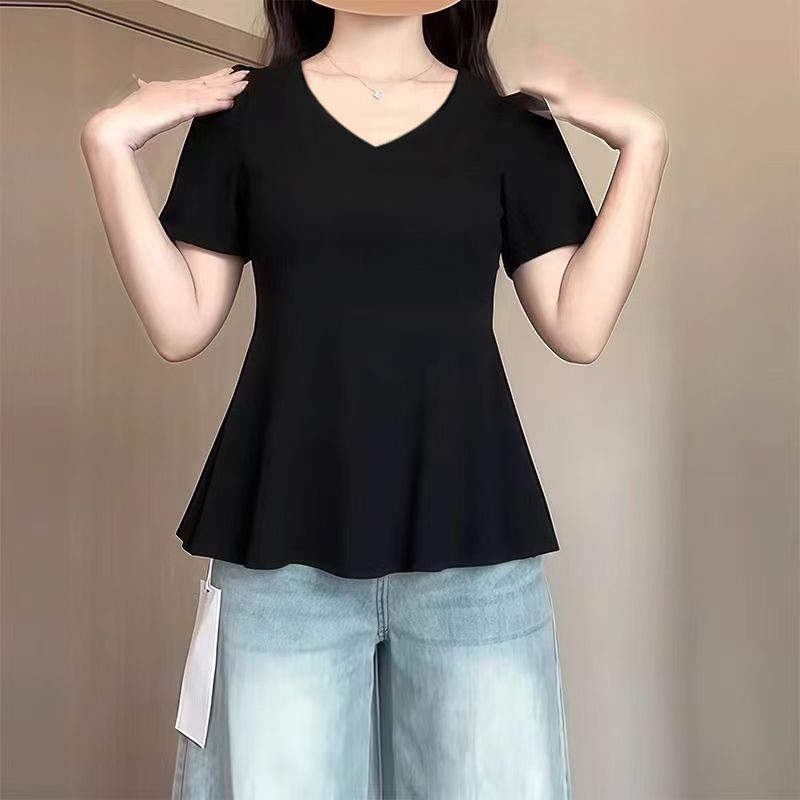빅 사이즈 여성 의류 여름 프랑스식 V넥 반팔 티셔츠 디자인 센스 작은 대중 마이크로 지방 슬림해 보이는 품격 긍정적 인 어깨 의류