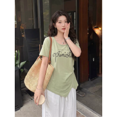 批发绮娑2026夏季新款显瘦胖MM大码上衣女露肩印花字母不规则短袖T恤