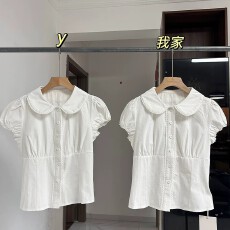 批发韩系纯棉白色娃娃领衬衫女夏季蕾丝花边短袖衬衣收腰修身短款上衣