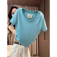 批发大码时尚U领短袖湖蓝色上衣夏季新款韩系小个子洋气减龄短袖T恤女