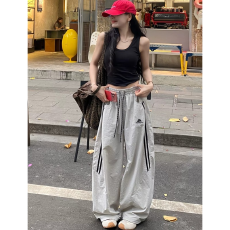 批发大码美式刺绣条纹速干工装裤女夏季休闲裤阔腿登山透气运动裤ins