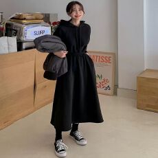 批发<b class='q'>大码</b>春秋季卫衣裙女长款显瘦显高过膝高腰连帽连衣裙休闲裙