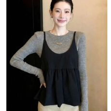 批发韩系穿搭甜美灰色圆领打底长袖上衣女秋季叠穿黑色花苞吊带两件套