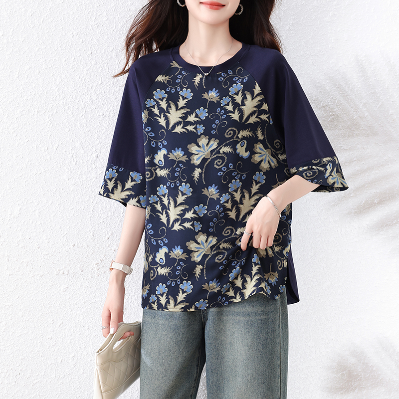 MY17193# 夏季新款大码女装胖mm时尚宽松显瘦国风拼接印花T恤上衣女...