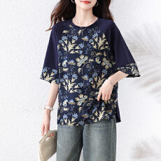 批发实拍2026夏季新款大码女装胖mm时尚宽松显瘦国风拼接<b class='q'>印花</b><b class='q'>T</b><b class='q'>恤</b>上衣