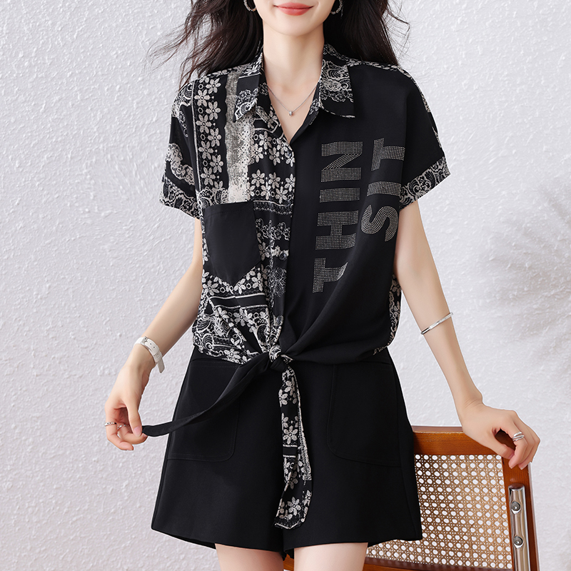 MY17191# 夏季新款透气时尚宽松遮肉高级设计感上衣烫钻衬衣女裝貨源服...