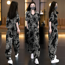 批发实拍2025年洋气大码女装套装胖MM印花时尚宽松显瘦<b class='q'>哈伦裤</b>两件套