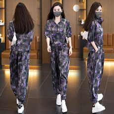 批发实拍2026年洋气<b class='q'>大码</b>女装套装胖MM印花时尚宽松显瘦<b class='q'>哈伦裤</b>两件套