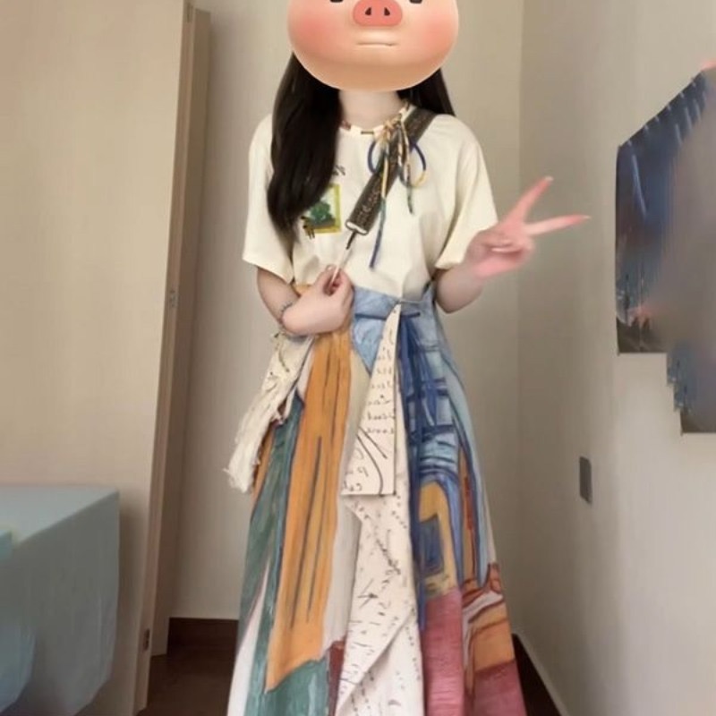 여름 착용 가져 가라. 전체 집합 빅 사이즈 지방 mm 반팔 티셔츠 불규칙 유화 반신 스커트 연령 감소 레트로 세트