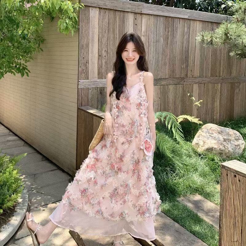 핑크색 아름다운 낭만주의 바람 프릴 꽃무늬 드레스 여름 새로운 슈퍼 요정 소녀 센스 슬립 드레스 해변 드레스