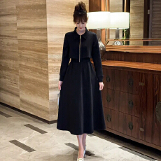 批发秋冬赫本风高级感假两件polo领拉链收腰高级感<b class='q'>显瘦</b>气质连衣裙