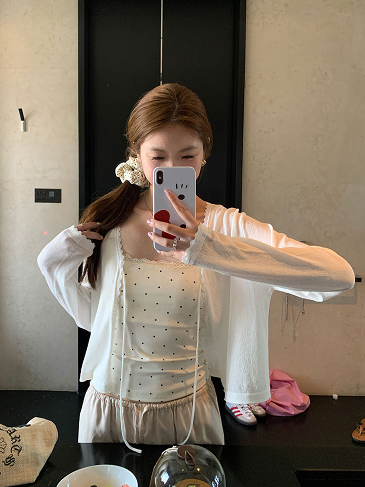 크림 화이트 니트 자외선 차단 오픈 가디건 여성 얇은 스타일 아마 얼음 실크 에어컨 셔츠 외부 가져 가라. 숄 블라우스 재킷 맨위 여름
