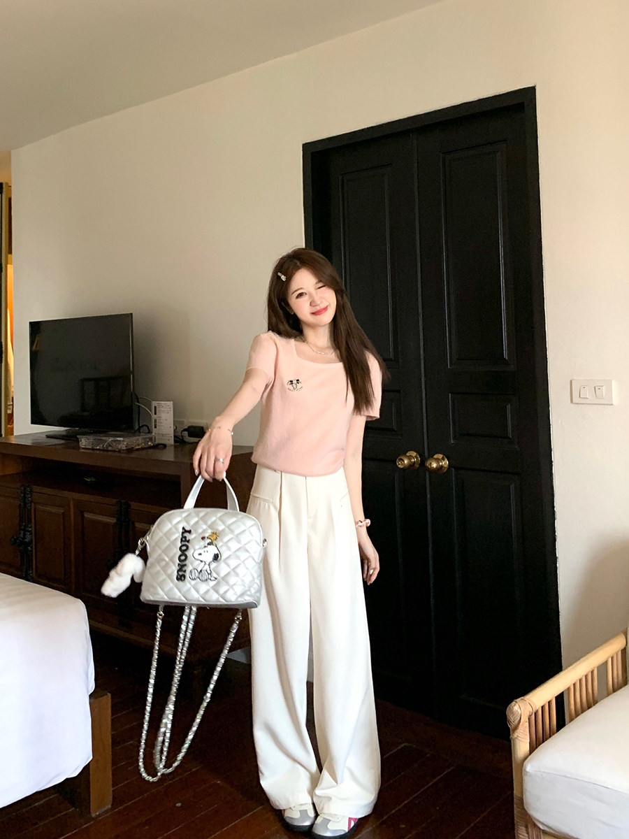 광장 칼라 모직물 짧은 t 여성 품격 긍정적 인 어깨 부드러운 프랑스식 반팔