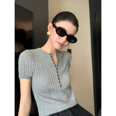 批发半开领亨利针织衫短袖t恤<b class='q'>女</b>复古修身圆领上衣