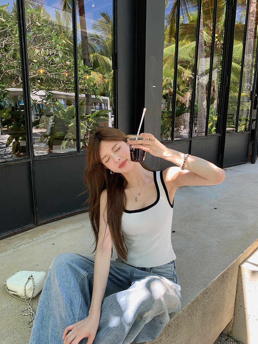 다용도 배색 조끼 광장 칼라 캐주얼 다용도 질감 센스 니트 슬립 여성 여름