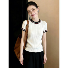 批发洋气时髦撞色针织<b class='q'>短袖</b><b class='q'>T</b><b class='q'>恤</b>女2026春季新款圆领修身显瘦超好看上衣