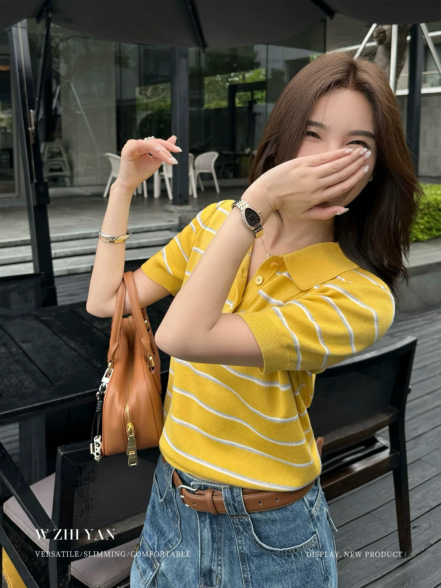 연령 감소 황색 스트라이프 POLO 셔츠 여성 여름 긍정적 인 어깨 슬림해 보이는 폴로 칼라 반팔 니트 티셔츠