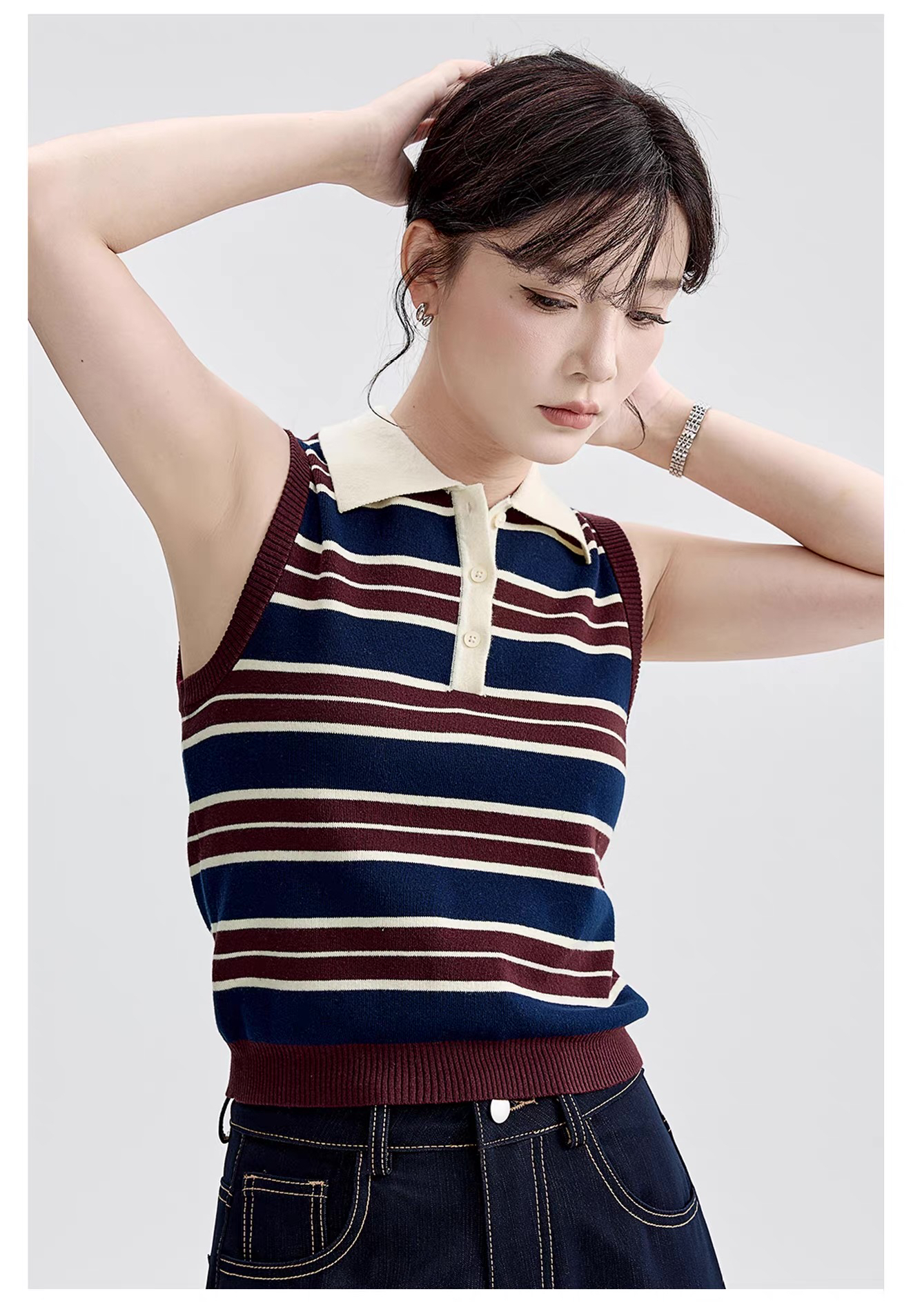 POLO 칼라 스트라이프 조끼 여성 고급 레트로 민소매 맨위