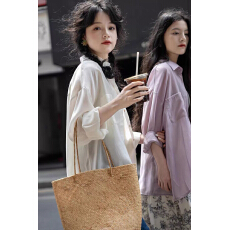 批发天丝防晒衫衬衫女夏季罩衫衬衣外套白色外搭薄款春<b class='q'>冬</b>上衣紫色
