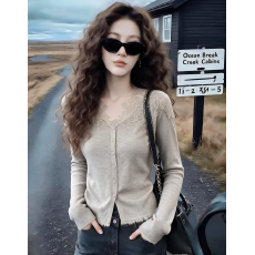 秋冬纯欲辣妹风设计感网纱刺绣钩花长袖针织衫女别致修身显瘦上衣