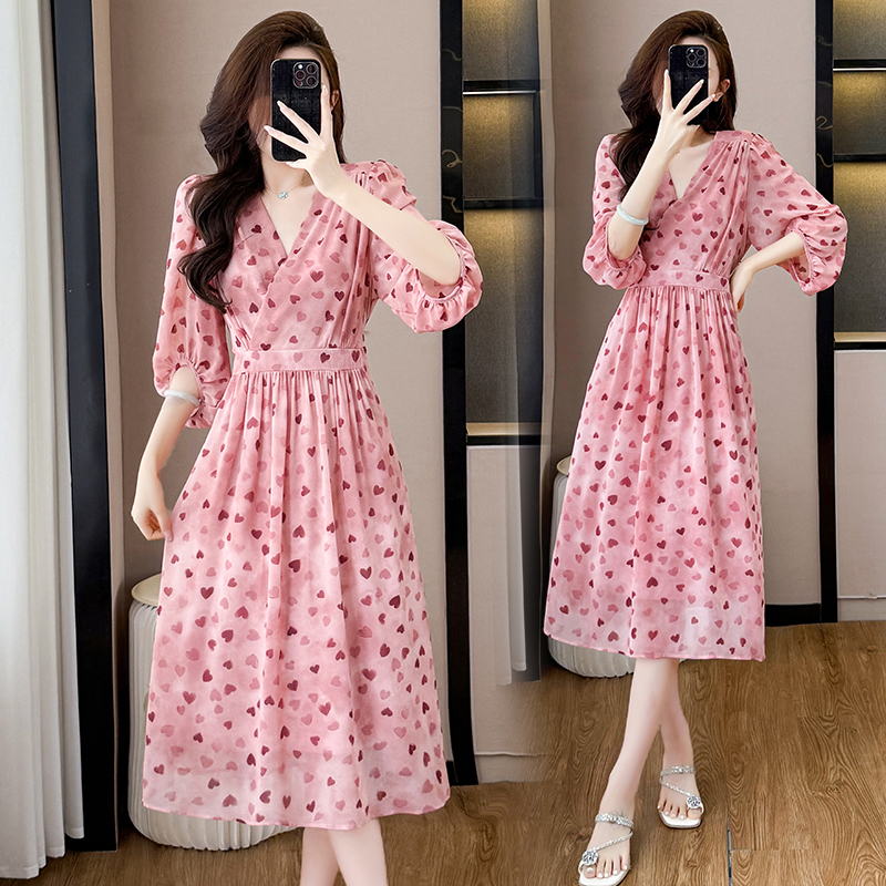 RY74584# 实拍~适合胖mm的大码女装夏显瘦绝美巨显瘦短袖V领收腰连衣裙遮肚