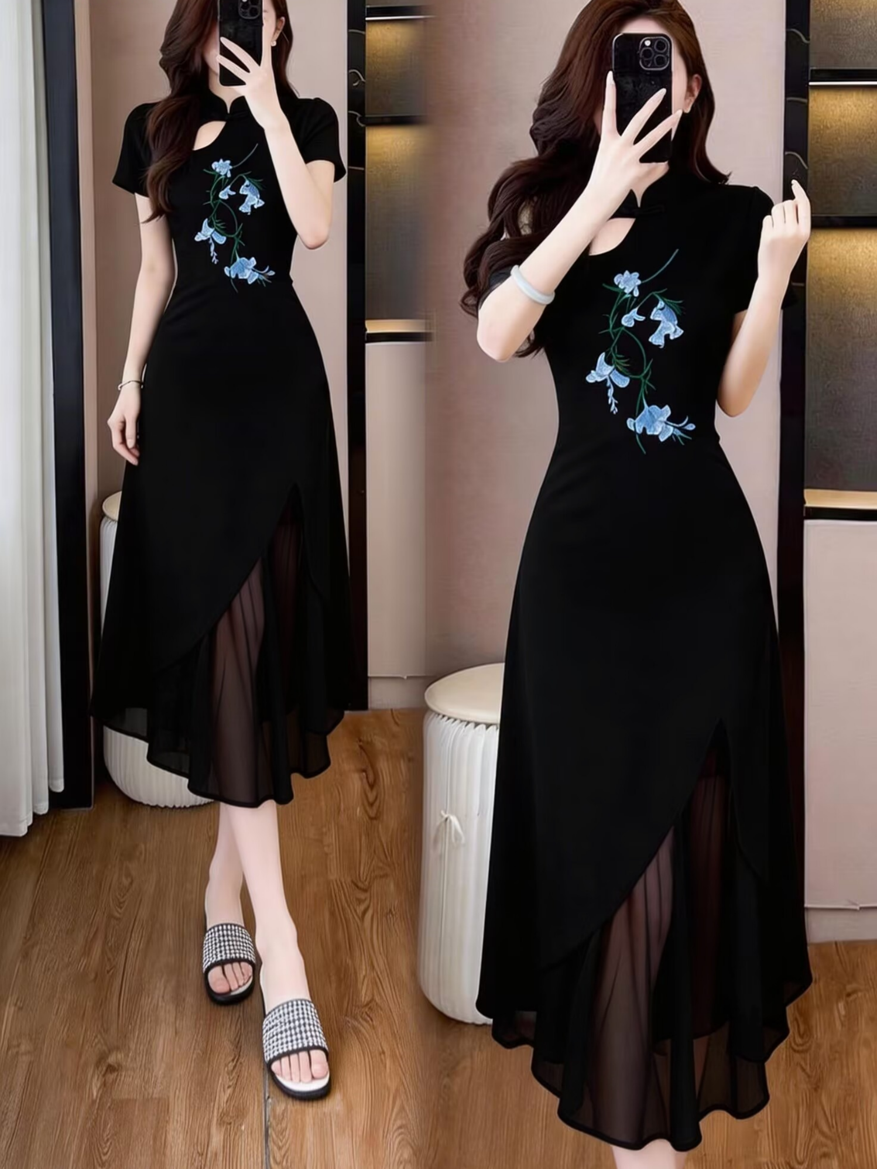 RY74583# 实拍~夏大码女装胖mm显瘦遮肚刺绣不规则拼接雪纺连衣裙过膝长裙
