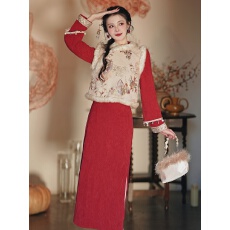 批发实拍#新年红旗袍马甲旗袍两件套一体绒加厚