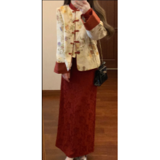 批发平价版锦绣年华复古提花外套女秋旗袍连衣裙<b class='q'>套装</b>