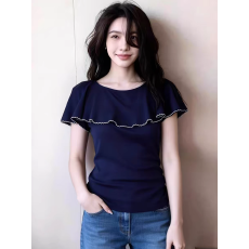批发设计感荷叶边短袖针织衫女2026夏季新款藏蓝色百搭超显瘦减龄上衣