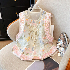 批发实拍新中式国风重工刺绣真丝<b class='q'>欧根纱</b>百搭马甲马夹提花宽松上衣女