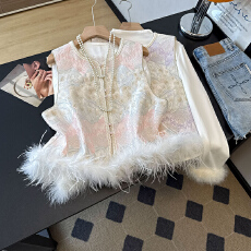 批发实拍新中式国风马甲<b class='q'>背心</b>鸵鸟毛提花坎肩外搭<b class='q'>真丝</b>盘扣马夹上衣女秋