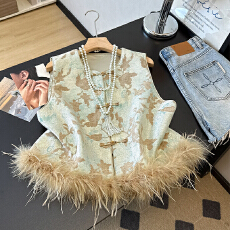 批发实拍早秋新款时尚<b class='q'>百搭</b>圆领宽松提花鸵鸟毛柔软舒适上衣马甲上衣