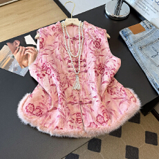 批发实拍高级感洋气粉色新中式水貂毛马甲女秋冬夹棉外穿国风背心上衣