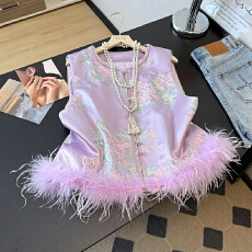 批发实拍秋冬新款时尚百搭圆领宽松提花鸵鸟毛夹棉柔软舒适上衣马甲