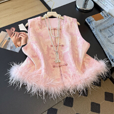 批发实拍秋冬新款时尚百搭圆领宽松提花加厚鸵鸟毛柔软舒适上衣马甲