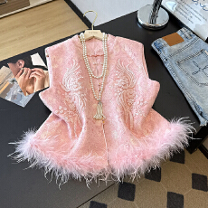 批发实拍新中式亮片绣花马甲背心女秋款新款羽毛拼接加绒重工国风上衣