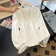 批发实拍中式国风加绒白色打底衫上衣秋冬加厚内搭外穿水貂毛刺绣<b class='q'>T</b><b class='q'>恤</b>