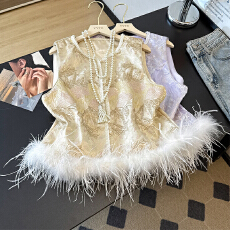 批发实拍新中式国风马甲<b class='q'>背心</b>鸵鸟毛提花坎肩外搭<b class='q'>真丝</b>盘扣马夹上衣女秋