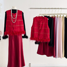 批发实拍新中式国风马甲<b class='q'>女士</b>唐装新款鸵鸟毛洋气高级感马夹<b class='q'>背心</b>上衣