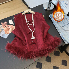 批发实拍高端新中式真鸵鸟毛马甲女<b class='q'>秋</b>冬外穿夹棉保暖背心坎肩国风加厚