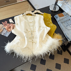 批发实拍高端新中式真鸵鸟毛马甲女<b class='q'>秋</b>冬外穿夹棉保暖背心坎肩国风加厚