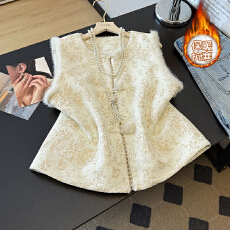 批发实拍新中式国风唐装水貂毛马甲女<b class='q'>冬</b>季新款复古加棉羽毛提花上衣