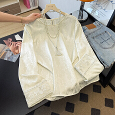 批发实拍新中式国风醋酸缎面<b class='q'>衬衫</b>女春季提花刺绣上衣宽松薄款圆领<b class='q'>衬衣</b>