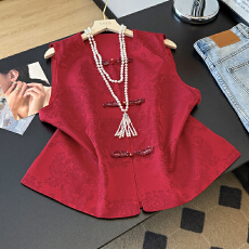 批发实拍春装新中式国风马甲背心女新款提花女高级感盘扣钉珠上衣