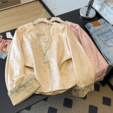 批发实拍新中式国风外套女2026早春新款高级感盘扣提花亮片刺绣袖上衣